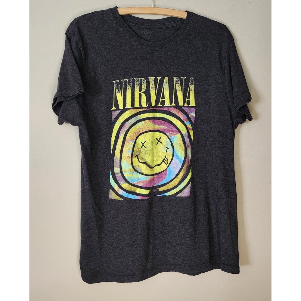 Nirvana Smiley Graphic Band T Shirt Mens Size L Charcoal Good Distressed Grunge
